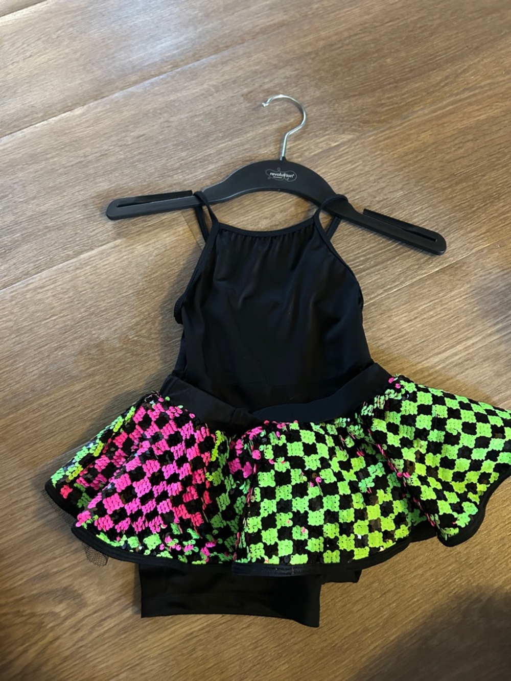 Revolution Black Dance Leotard with Neon Pink & Neon Green Checkered Skirt